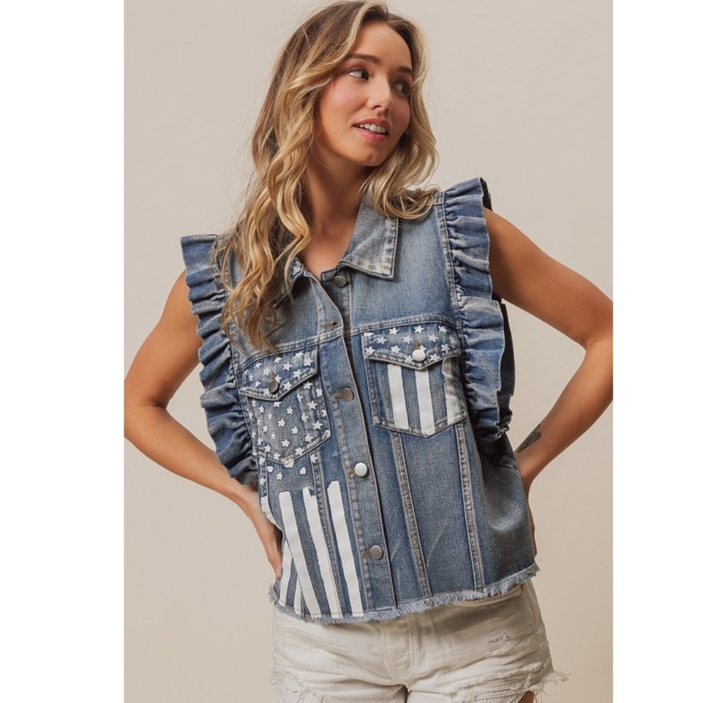 BiBi Blue Denim Ruffled Sleeveless Jean Jacket Vest USA Flag XL New No Tags